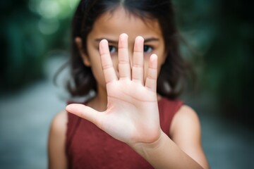 Little girl raises her hand in a powerful gesture against domestic violence and discrimination in a serene outdoor setting