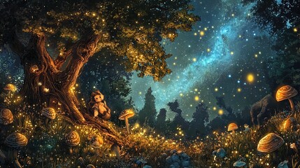 Wall Mural - A whimsical night scene unfolds under a canopy of stars and a vast galaxy, set in a lush forest glimmering with soft lights. In the foreground, a large, ancient tree with a twisted trunk hosts a seren