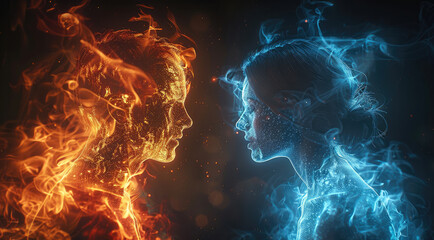 Leinwandbilder - The silhouettes of a young man and a young woman in a black digital void. young man is outlined by blue crackling energy. young woman is bathed in fire.