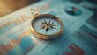© Budi - Golden compass sits on financial documents with graphs and charts, offering direction in market analysis.