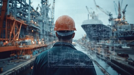 Poster - Blended image of worker wearing a hard hat a shipyard at ship with digital blueprints overlaying the scene