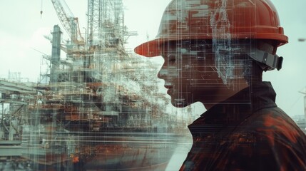 Poster - Blended image of worker wearing a hard hat a shipyard at ship with digital blueprints overlaying the scene