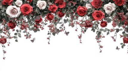 Wall Mural - A decorative arrangement of red and white roses with greenery and butterflies on a white background.