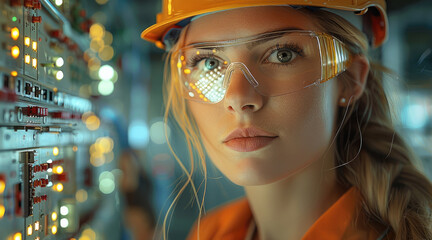 Poster - Electric circuit board being inspected by female electrician.