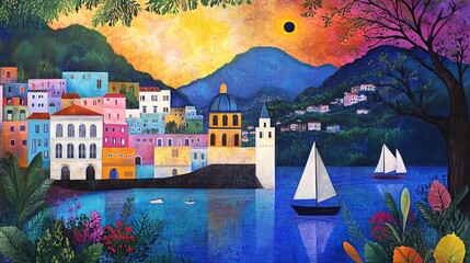 Colorful village nestled between hills on a blue bay with two sailboats and a vivid sunset sky.