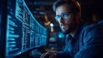 Focused Programmer Working Late Night