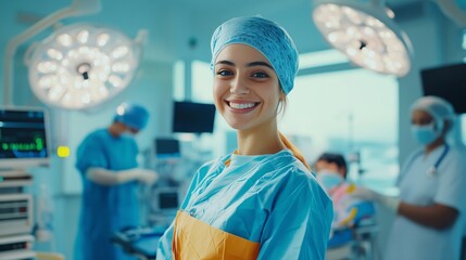 Poster - A cheerful surgeon in colorful scrubs leads a diverse team in a bright, modern OR, ready for surgery.