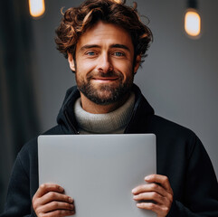 Poster - A guy of 30 years old holds a laptop in his hands and smiles.