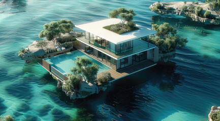 Poster - A floating house compound in the tropical sea. Aerial high view.