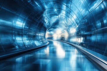 Poster - A futuristic blue tunnel with reflective surfaces and vibrant lighting in an urban setting