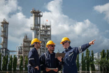 Refinery industry, engineer working in industrial production, oil and gas refinery plant industry factory