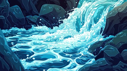 A vibrant and stylized illustration of a river waterfall cascading over dark rocks. The water is depicted in a range of blue hues, showcasing a bubbly and frothy texture as it flows. The surrounding r