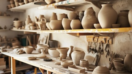 Poster - A tranquil pottery workshop with shelves of sculpted clay vessels, Pottery tools arranged amidst the creative chaos, Artisanal pottery style