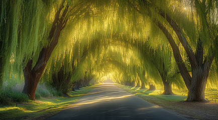 Poster - A quiet road running beneath a natural tunnel of willow trees, the long, flowing branches creating a green archway over the road. with bathed in golden light, enhancing the beauty of the trees.
