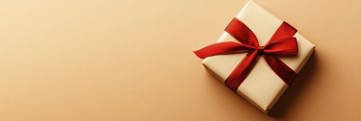 Poster - A carefully wrapped large gift box sits on a smooth beige surface, adorned with a vibrant red ribbon, awaiting celebration. Generative AI
