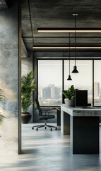 Wall Mural - Modern office with concrete walls, window views, and black desk.