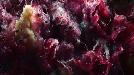 An Intricate Close-Up of Decomposing Meat Showcasing Textures and Details in a Dark Environment