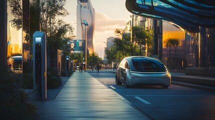 Electric cars charging at futuristic urban station