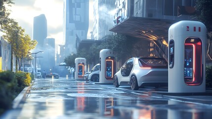 Electric cars charging at futuristic urban station