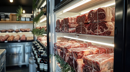 Poster - A carry dry aged beef cabinet along 2 side of perspective in a butcher shop.