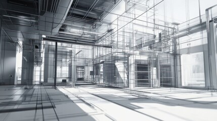 Poster - Sketch design and drafting of wireframe building. 3d illustration, Digital project visualization.