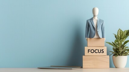 Wall Mural - a mannequin in a suit stands on blocks with the word 'focus', next to a plant.