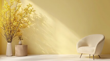 Wall Mural - A bright, airy room featuring a yellow wall, a cozy armchair, and a branch of yellow flowers in a vase, creating a warm and inviting atmosphere.