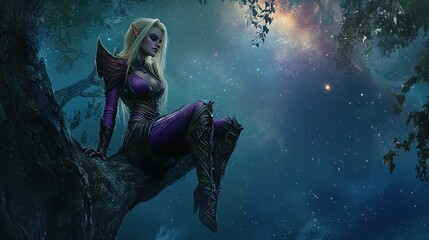 A fantasy scene depicts a female elf character sitting gracefully on a large tree branch. She has long, flowing blonde hair and pointed ears, characteristic of the elven race. The elf is clad in an or