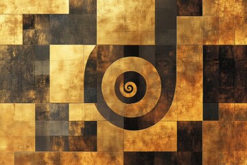 Aufkleber - The artwork features an intricate design where a golden spiral interlaces with a collection of squares and rectangles, forming an engaging pattern. Generative AI