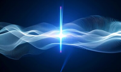 Poster - bright light beam through flowing particles creates futuristic scene.