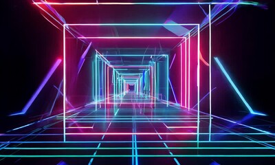 Aufkleber - 3D futuristic neon tunnel with vibrant colors and grid floor.