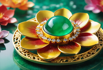 Elegant decorative lotus flower with a green gemstone and intricate details for luxury interior decor concept