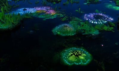 Aufkleber - A serene pond at night  illuminated by bioluminescent plants with a soft glow.