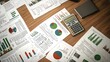 © Business Pics - An overhead view of a desk with printed financial reports featuring pie charts and graphs, accompanied by a calculator and financial documents