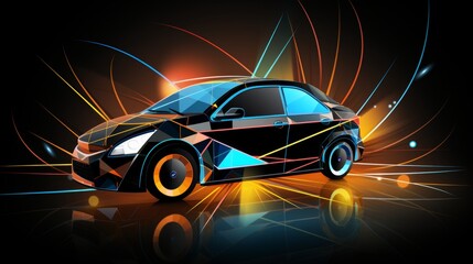 Poster - Stylized outline of an electric car surrounded by abstract geometric shapes in neutral tones