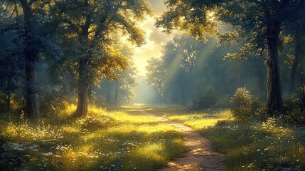 A tranquil forest pathway is illuminated by soft, golden sunlight filtering through the lush green foliage of the trees. The scene is serene, with tall trees lining the path, their leaves casting dapp