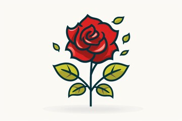 Poster - Minimalist red rose silhouette on white background with pale green leaves for elegant design