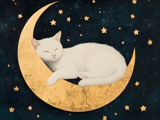  A serene white cat peacefully sleeps on a golden crescent moon surrounded by twinkling stars against a dark night sky.
