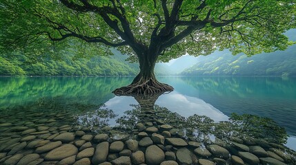 A large, majestic tree with a broad canopy of vibrant green leaves stands prominently in the center of a calm body of water. Its roots extend dramatically into the water, creating a striking silhouett