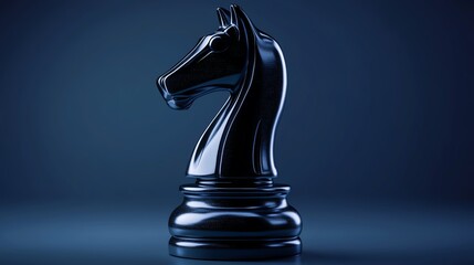 A detailed close-up of a black chess knight piece against a dark blue background, symbolizing strategy and intellect.