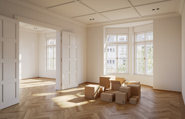 Poster - Cardboard boxes in an empty luxury apartment. Modern interior. Moving concept. Photorealistic 3D rendering.