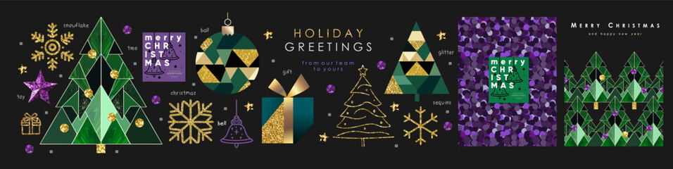 Merry Christmas! 2025. Vector modern luxury abstract illustration of golden snowflake, Christmas tree, gift, ball, sequin, glitter, geometric ornament for greeting corporate card, poster or background