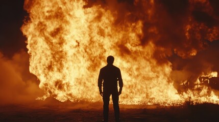 A man standing in front of a large fire