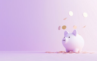 Coins falling to pink piggy saving , Financial and money deposit concept,purple background