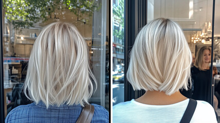  young woman platinum blonde, long bob, fresh haircut, hair salon. 