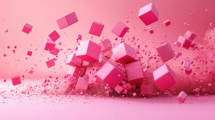 Canvas Print - A 3D render of pink cubes exploding in a pink space