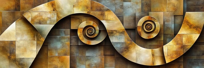 Leinwandbilder - An abstract pattern features a golden spiral intricately interlaced with squares and rectangles, showcasing a dynamic geometric design. Generative AI