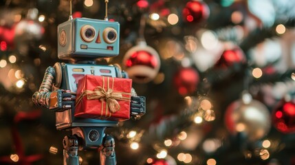 Poster - A robot holding a gift box in front of a holiday tree