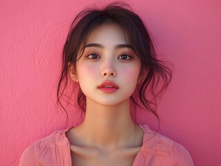 Canvas Print - Light beauty portrait of a young Asian woman a pink background