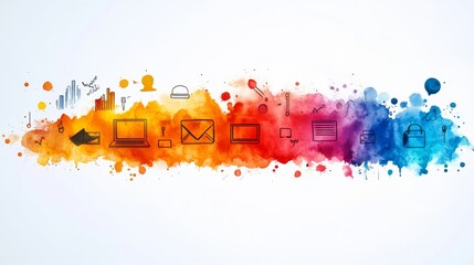 Poster - Line icons online learning placed on watercolor brush strokes background isolated as one object